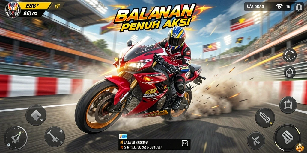 Tampilan gameplay E88 yang mendebarkan saat balapan motor.