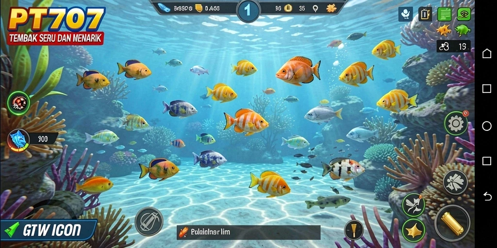 Screenshot PT707 menunjukkan aksi seru dalam permainan Tembak Ikan.