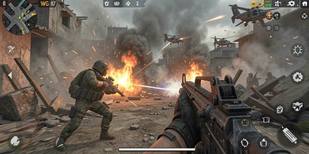 Screenshot gameplay WG87 menampilkan aksi pertempuran FPS yang mendebarkan.